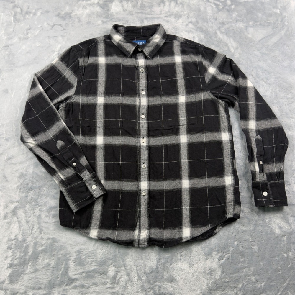Arizona Jean Co Mens Flannel Shirt Medium Black White Plaid Long Sleeve Cotton